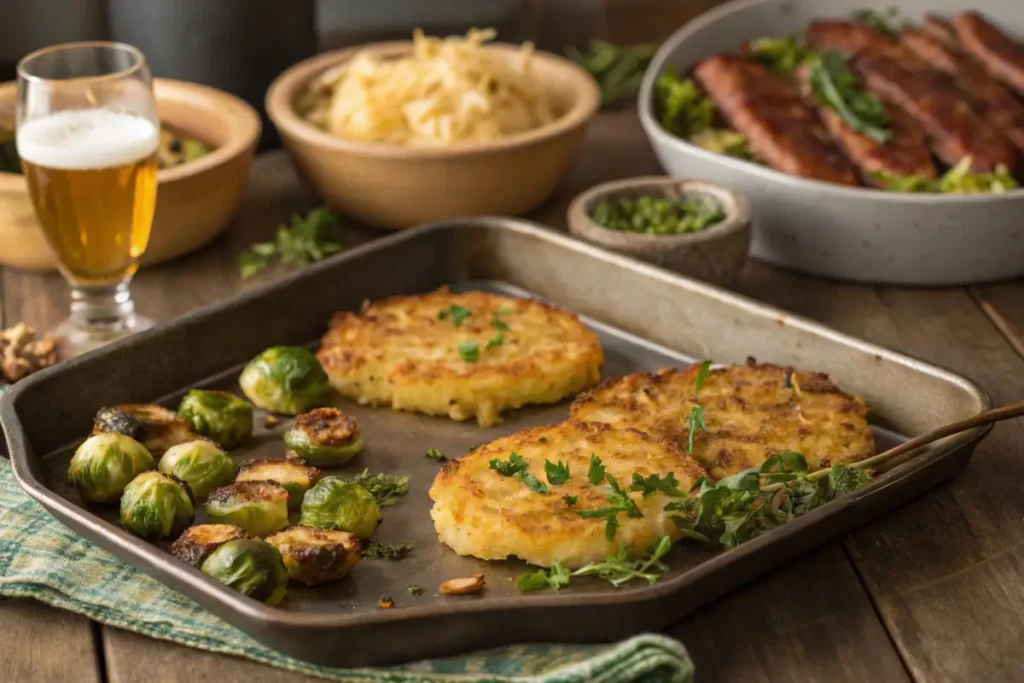 Crispy potato rosti on a tray next to roasted Brussels sprouts.