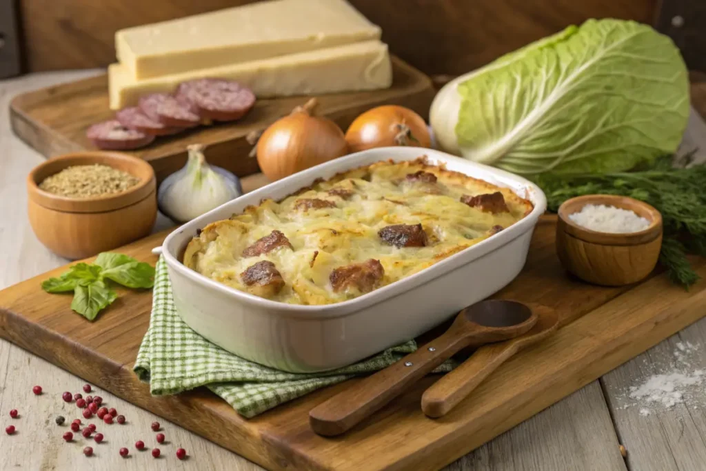 Baked cabbage and sausage casserole.