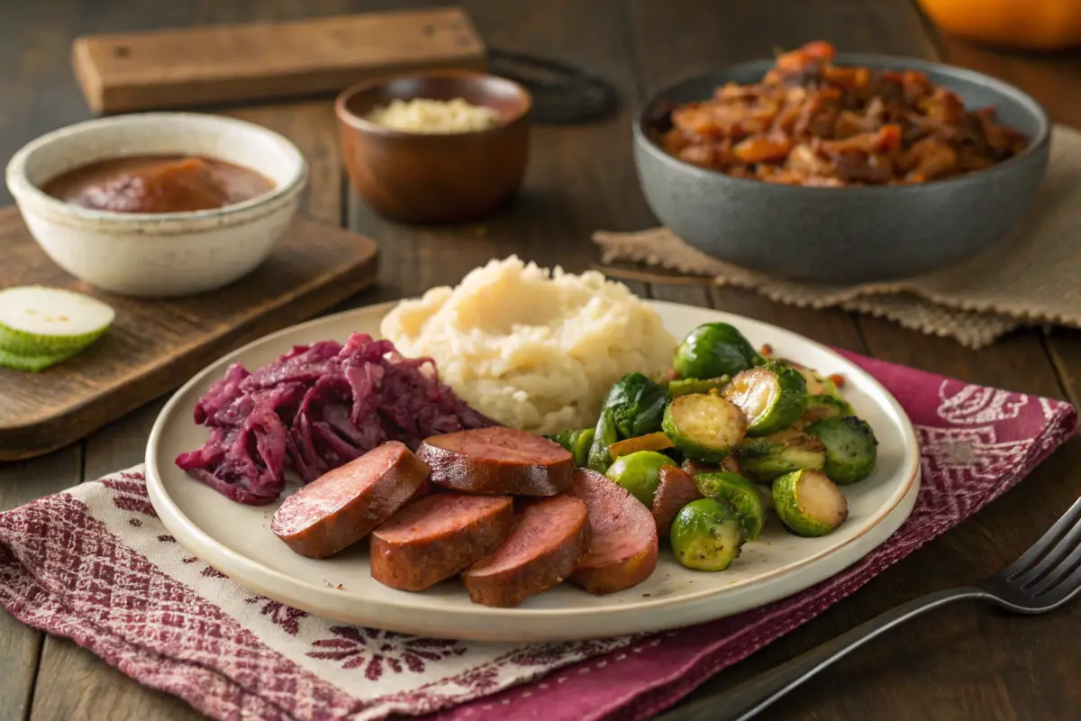 Plate of kielbasa and cabbage with mashed potatoes and roasted Brussels sprouts.