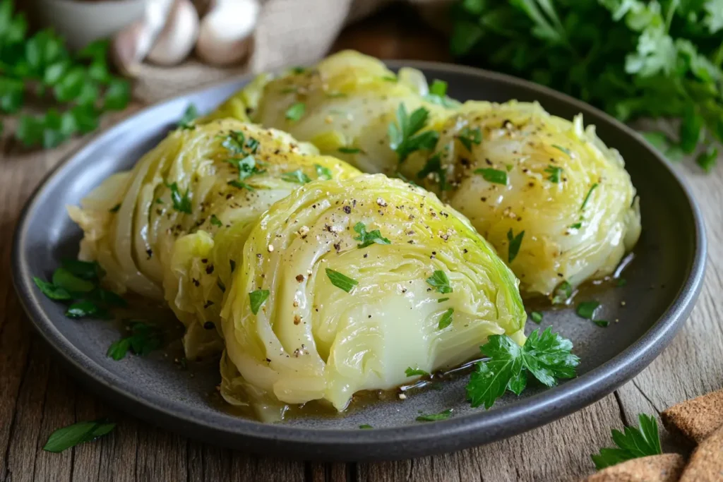 A dish of braised cabbage garnished with fresh herbs.