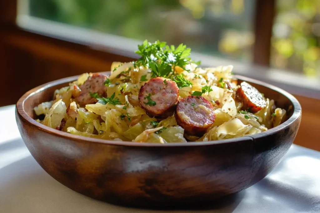 Plated cabbage and sausage dish with parsley.
