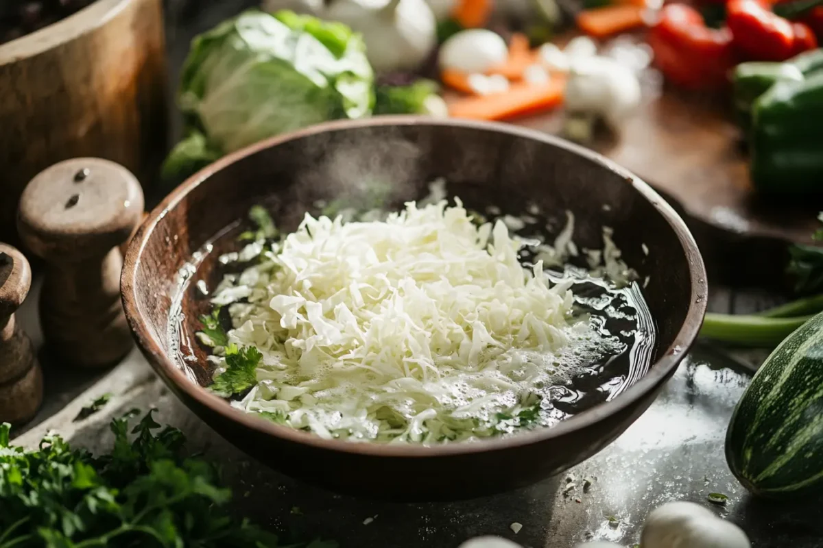 Shredded cabbage soaking in a bowl of water in a rustic kitchen.
