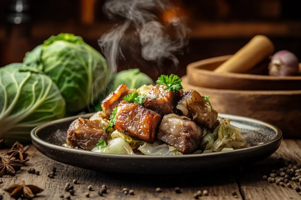 Braised cabbage with pork belly on a rustic dinner table.