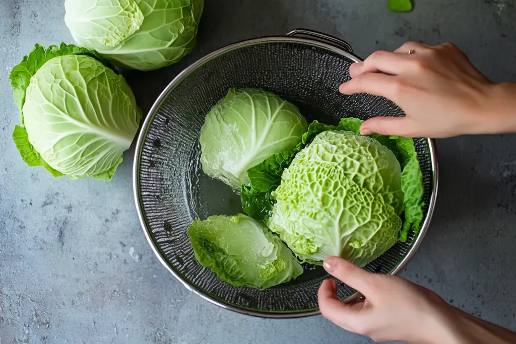 Hands preparing cabbage leaves for soaking in a bowl of water.