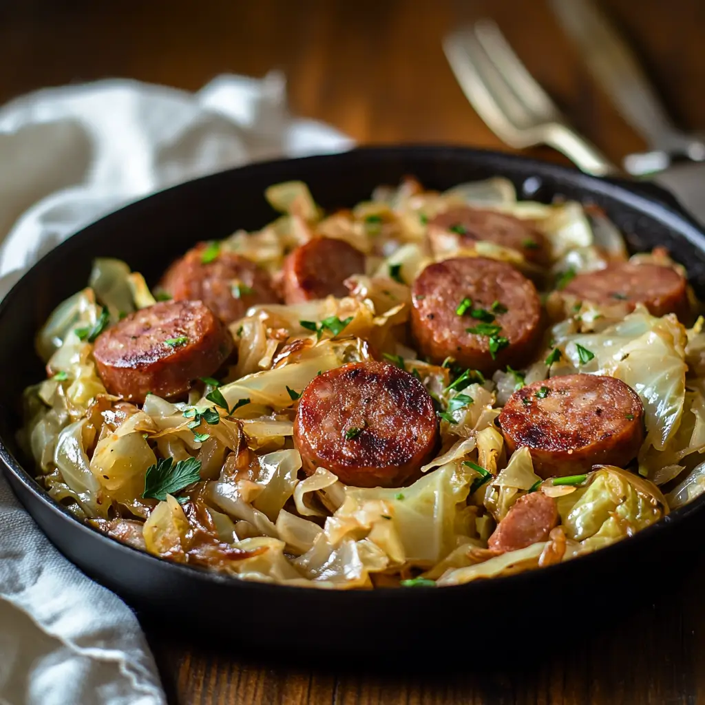 Skillet of cabbage and sausage on a rustic table