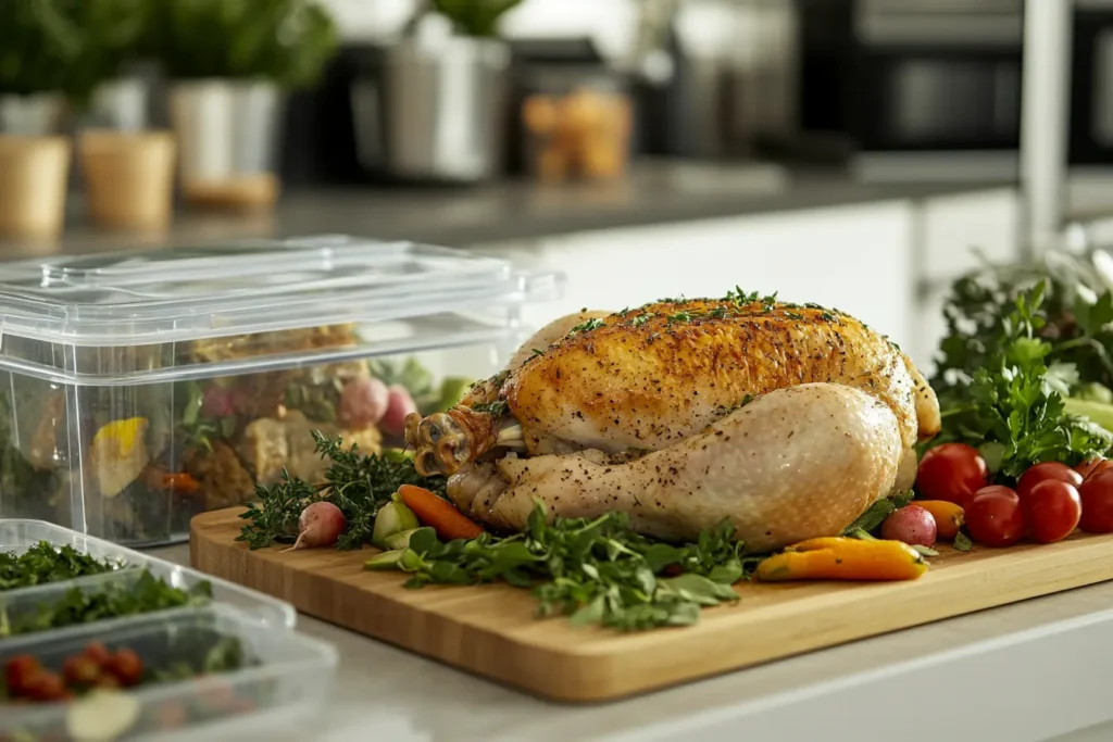 Whole rotisserie chicken ready for freezing with herbs and vegetables.