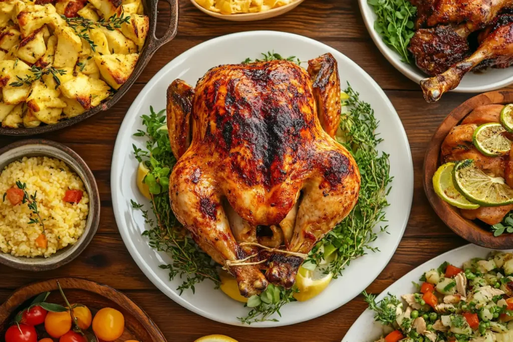 Table with rotisserie chicken dishes including pot pie, salad, and nachos.