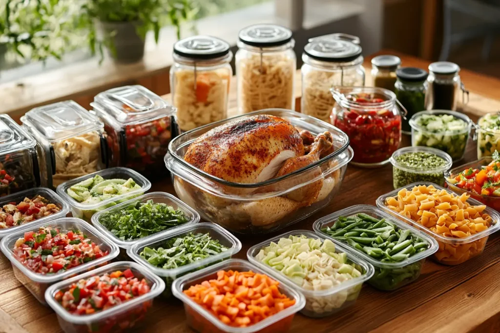 Rotisserie chicken meal prep with colorful vegetables