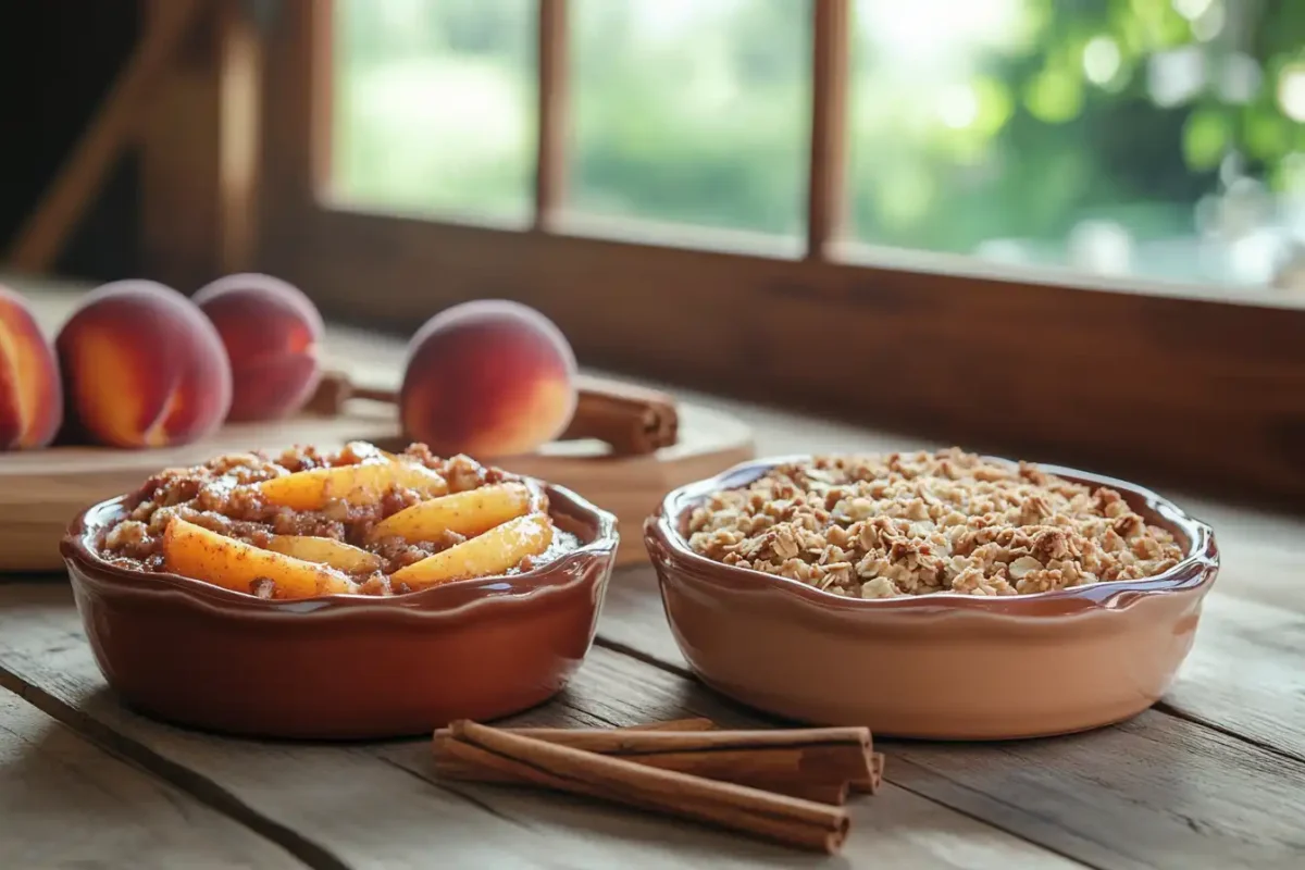 Peach crumble and peach crisp side by side on a rustic table.