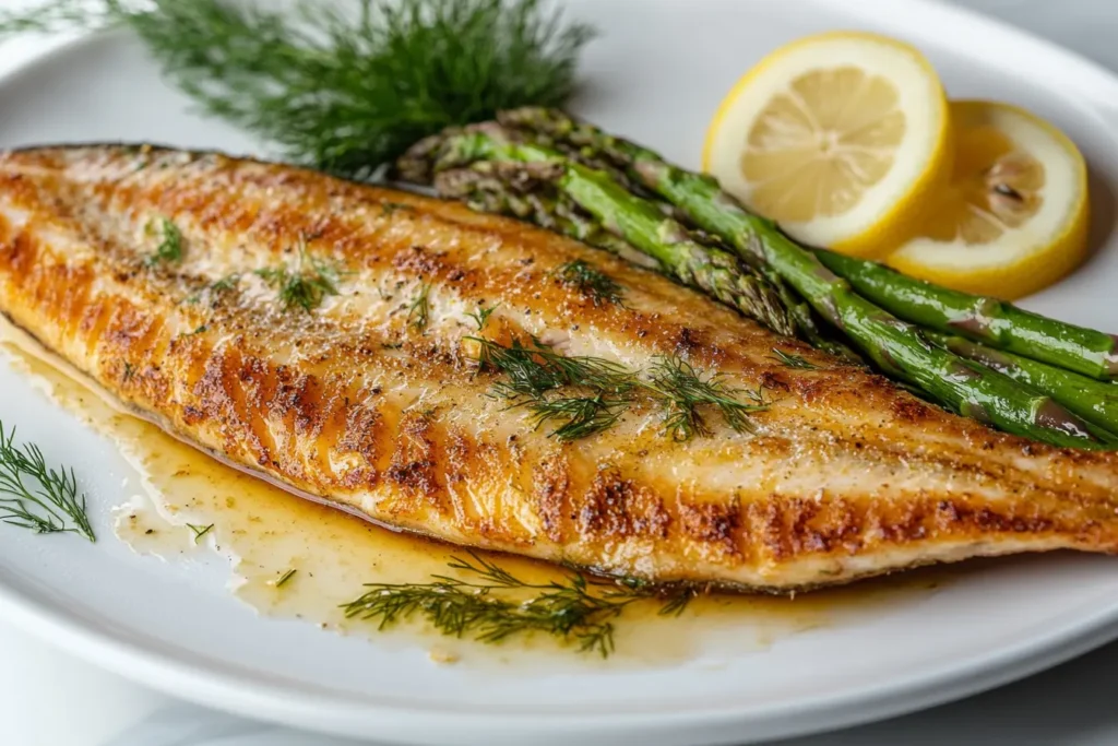 Steelhead trout fillet with asparagus and lemon garnish.