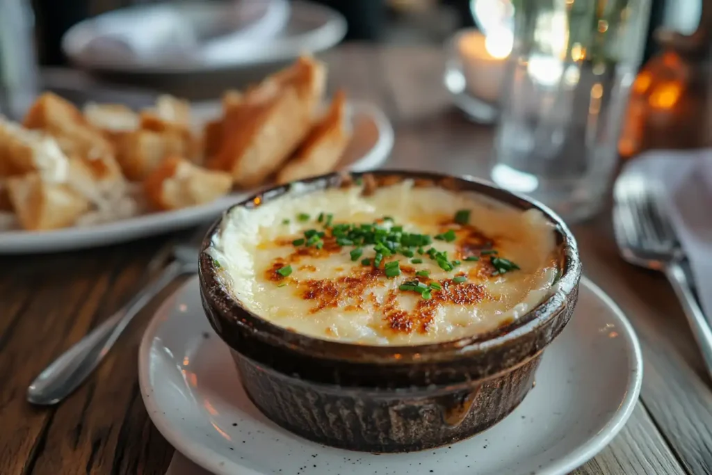 Golden crab brulee in a ramekin, garnished with chives.