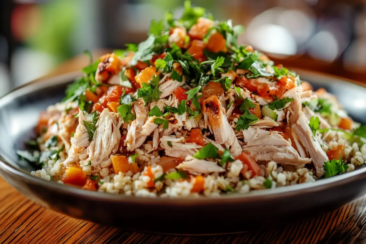 Plated rotisserie chicken dish with vegetables and grains