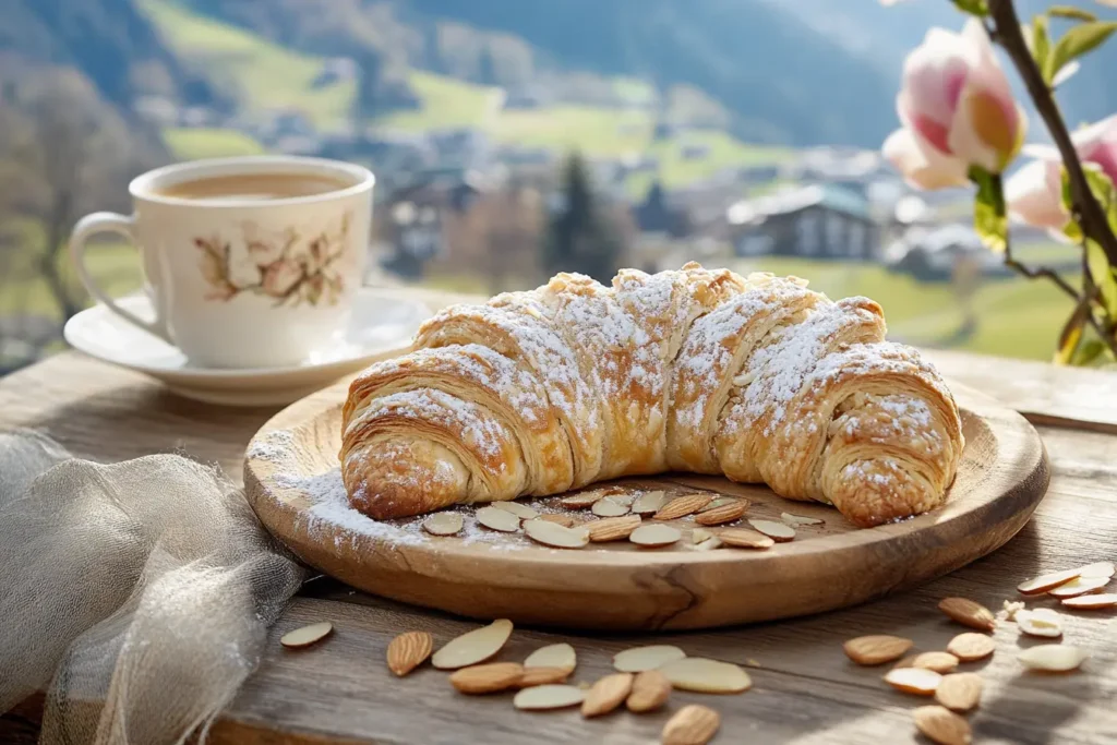 A flaky almond crescent pastry garnished with powdered sugar and sliced almonds, served on a wooden platter with coffee.