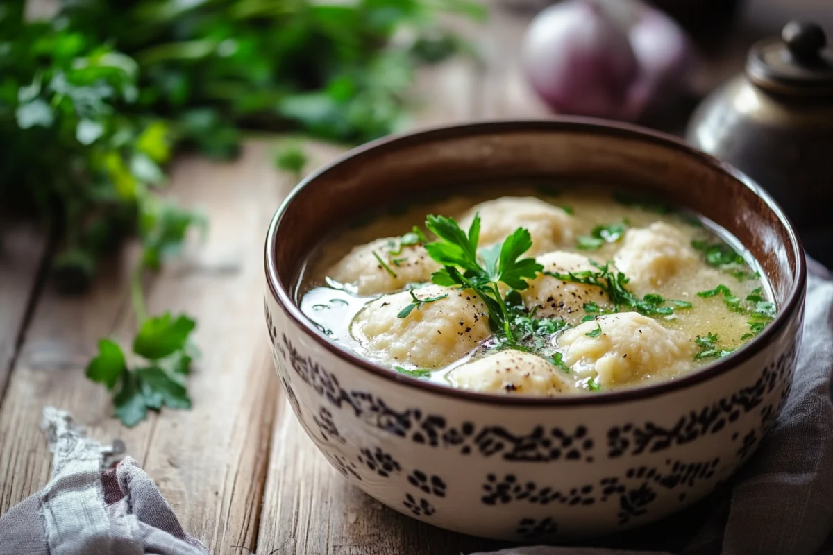Bowl of chicken and biscuit dumplings in a creamy broth.