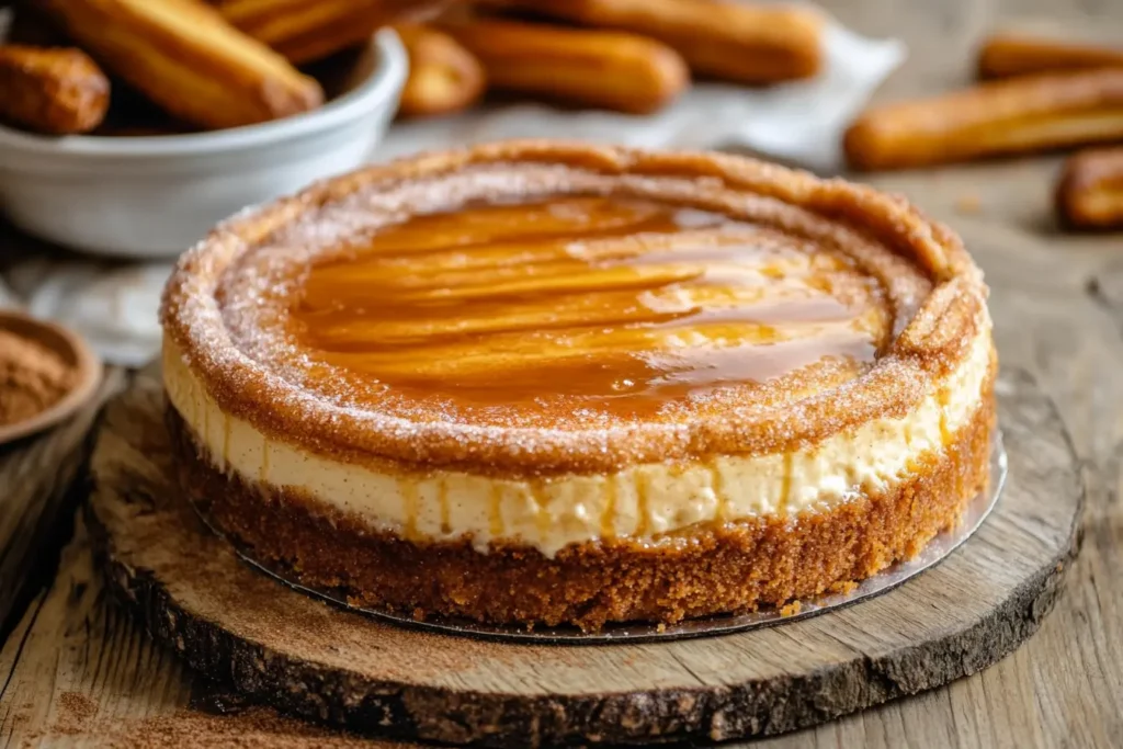 Churro Cheesecake with a golden cinnamon-sugar crust and caramel drizzle.
