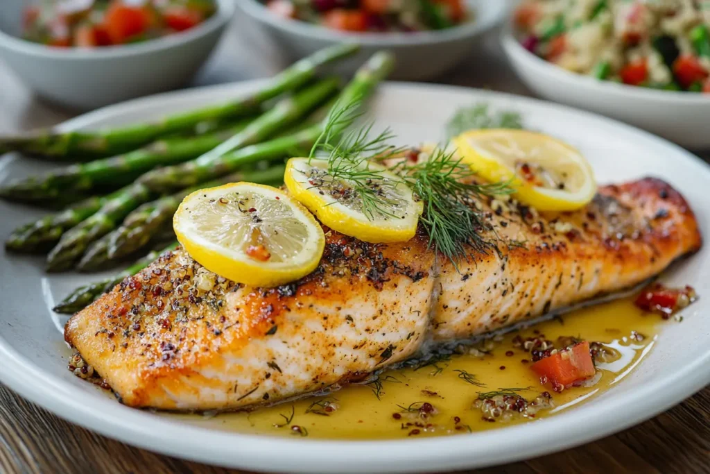 Freshly baked trout garnished with lemon and dill.