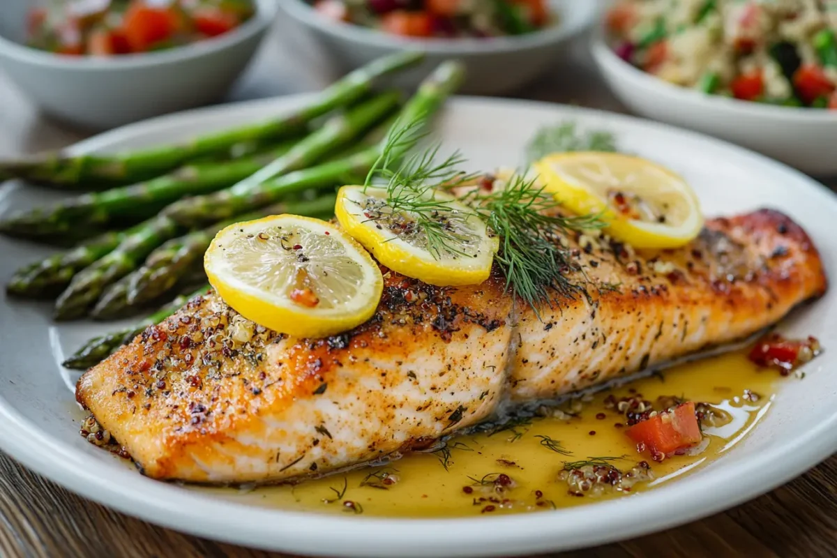 Freshly baked trout garnished with lemon and dill.