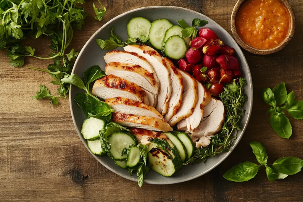Rotisserie chicken on a rustic wooden table with herbs and vegetables.