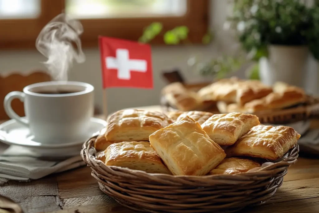 A basket of golden, flaky Gipfeli with a steaming cup of coffee.