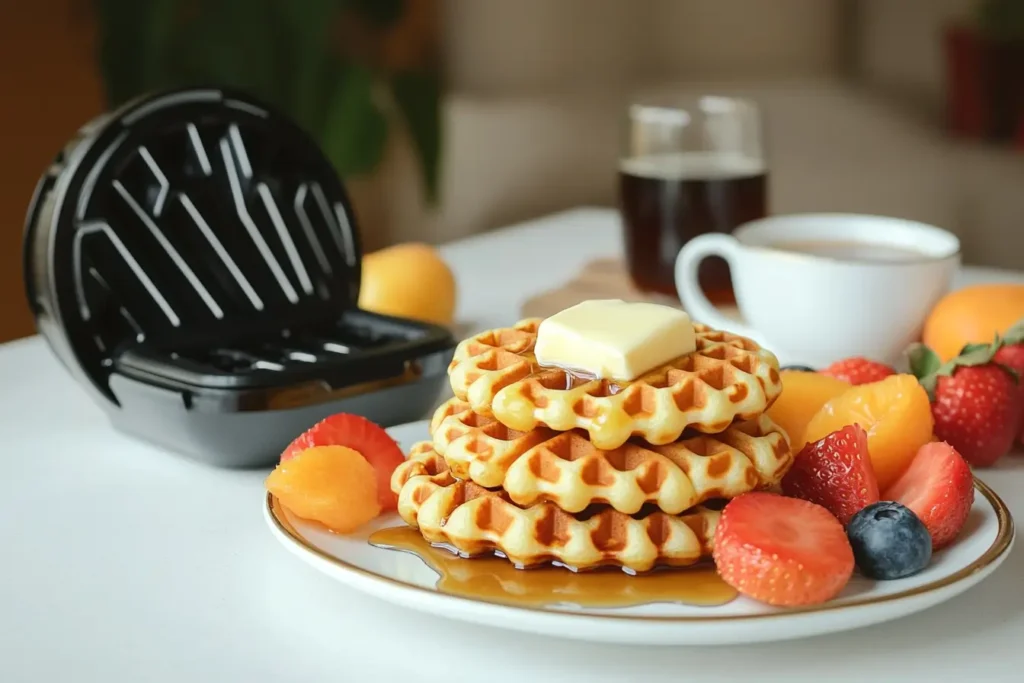 Freshly made mini waffles on a plate with fruit and syrup.