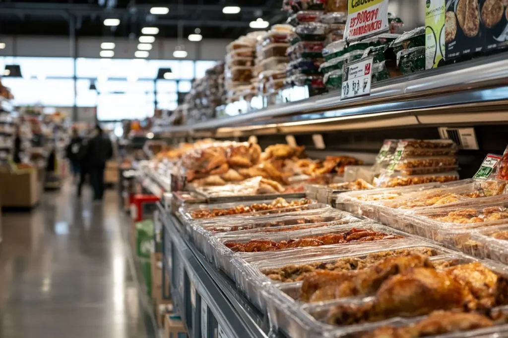 Costco deli section featuring fresh rotisserie chickens.