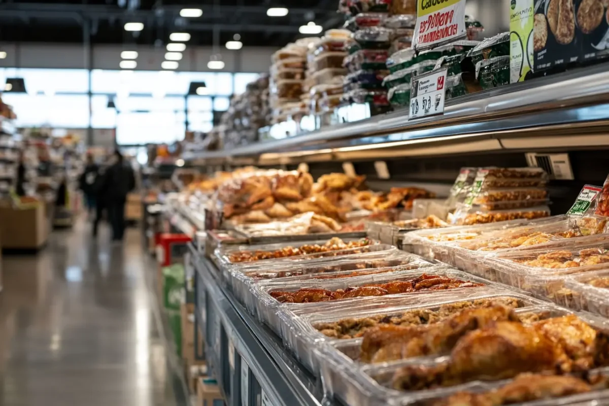 Costco deli section featuring fresh rotisserie chickens.