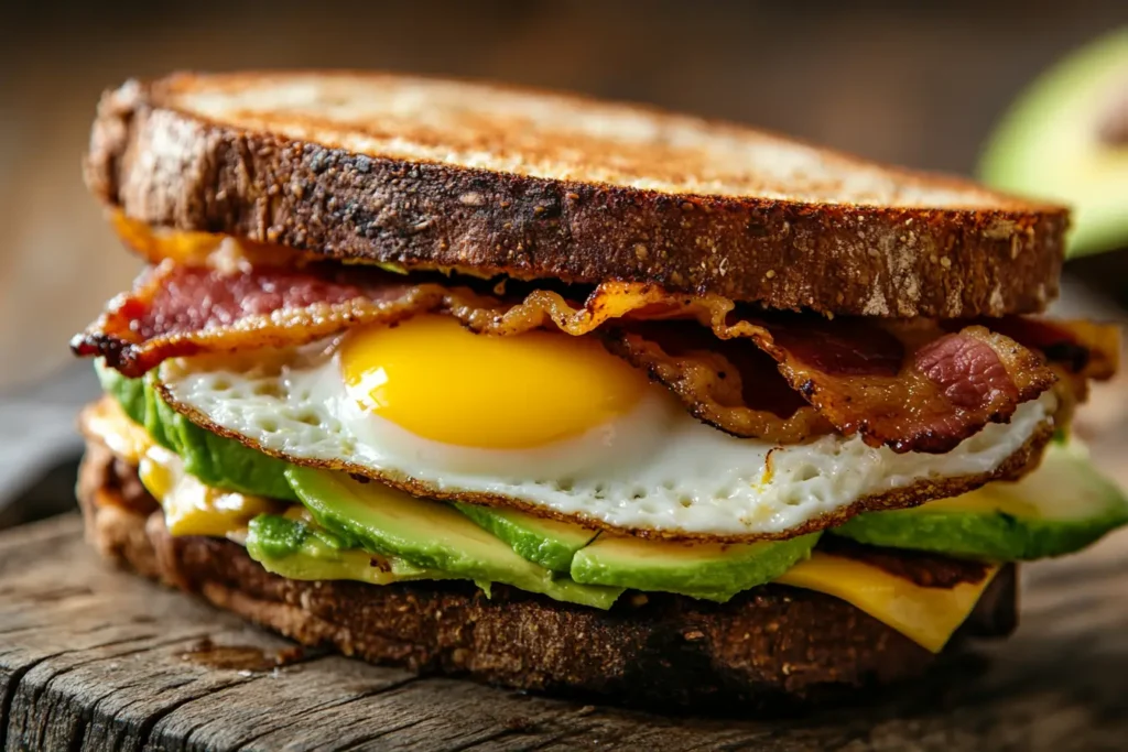 Delicious gourmet egg sandwich with melted cheese and crispy bacon.