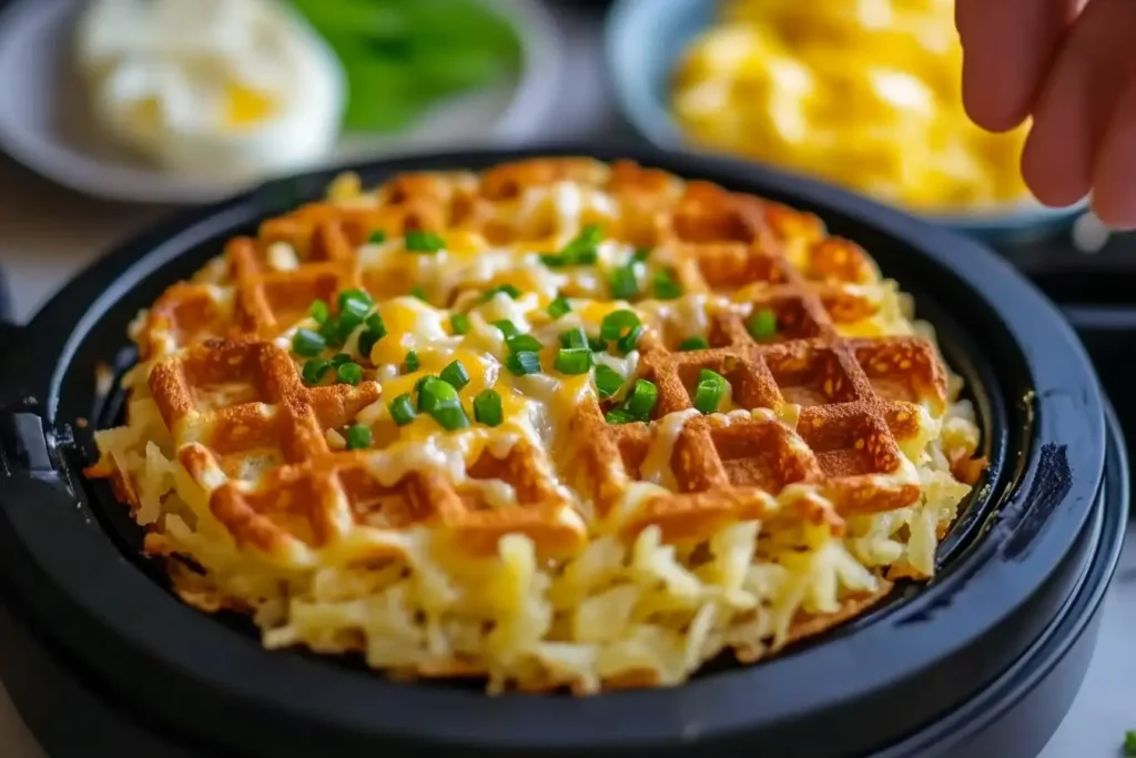 Mini waffle maker cooking a crispy hash brown waffle