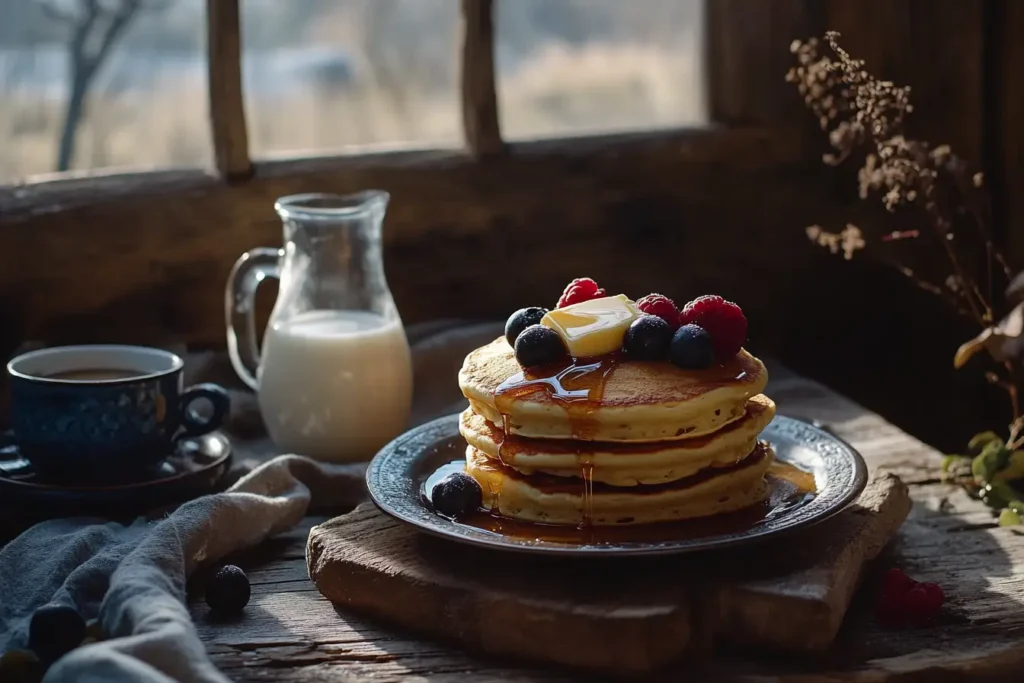 Stack of fluffy pancakes with syrup, butter, and berries