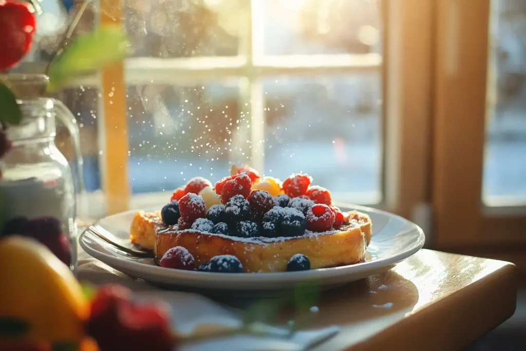 Golden sourdough French toast with berries and maple syrup on a rustic breakfast table.