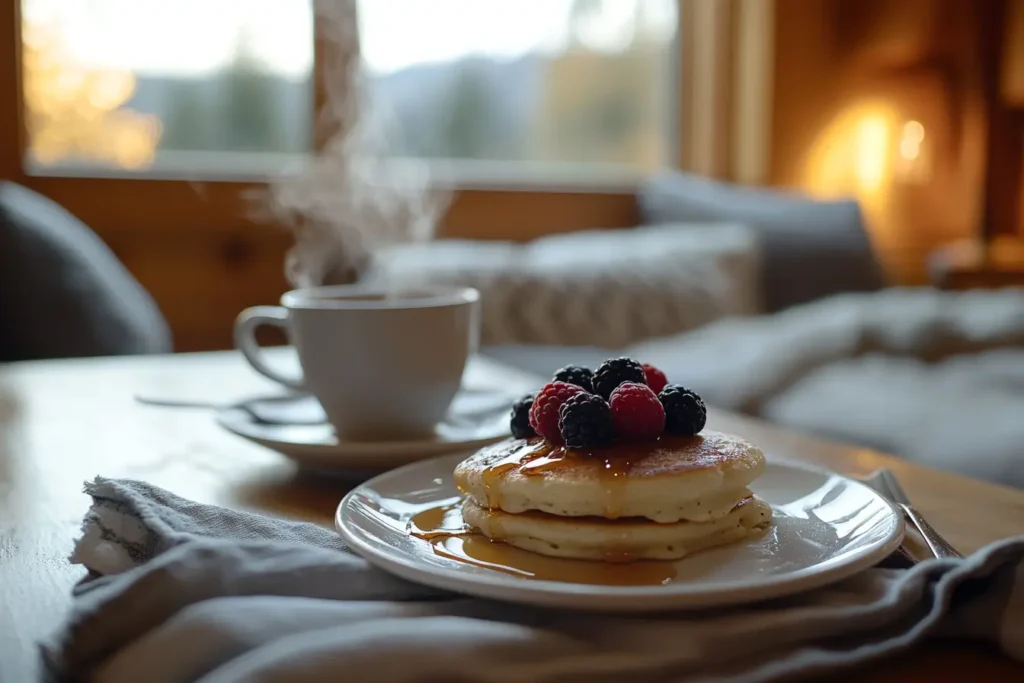 Stack of fluffy hotcakes with syrup and berries on a breakfast table.