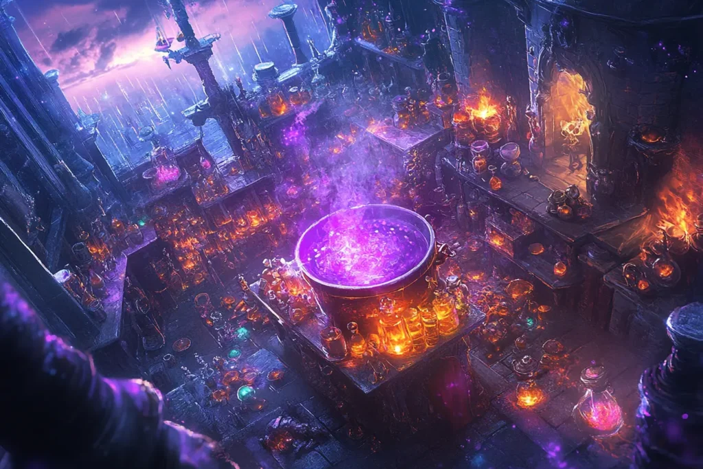 Magical brewing station with glowing potions and thunderstorm effects.