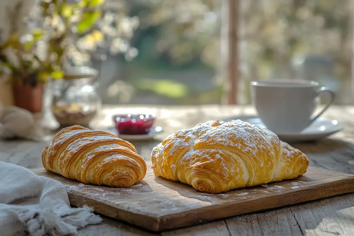 Croissant and gipfeli side by side with coffee and jam