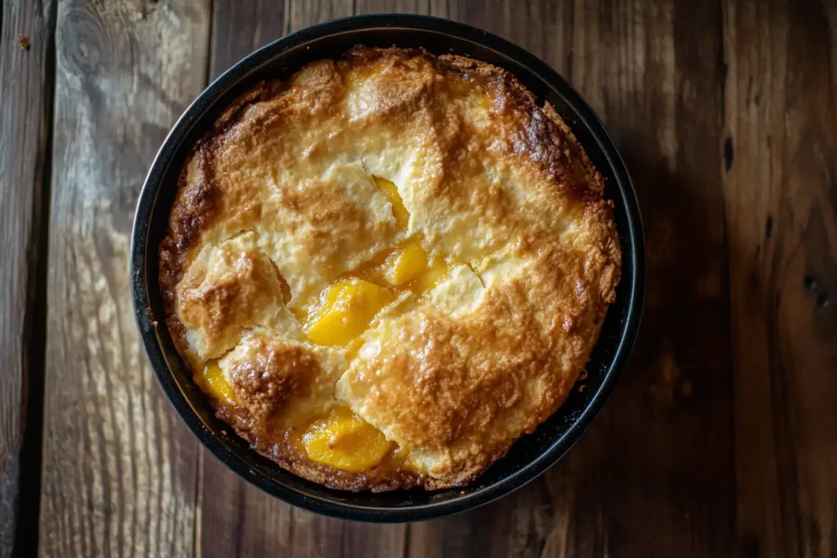 A freshly baked peach cobbler with a flaky biscuit crust.