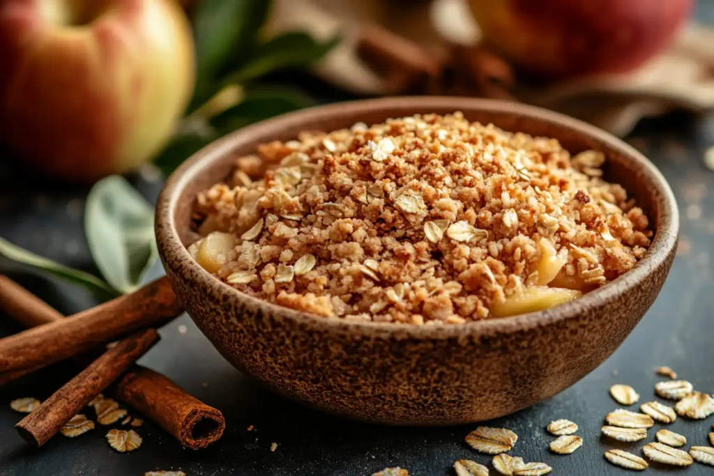 Freshly baked golden crumble topping on an apple crumble.