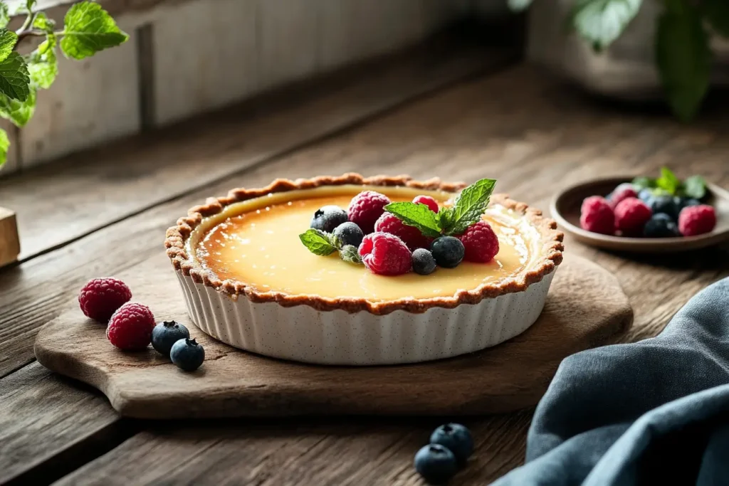 Crème brûlée in a ceramic pie plate with caramelized sugar crust.