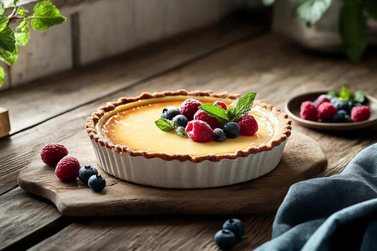 Crème brûlée in a ceramic pie plate with caramelized sugar crust.