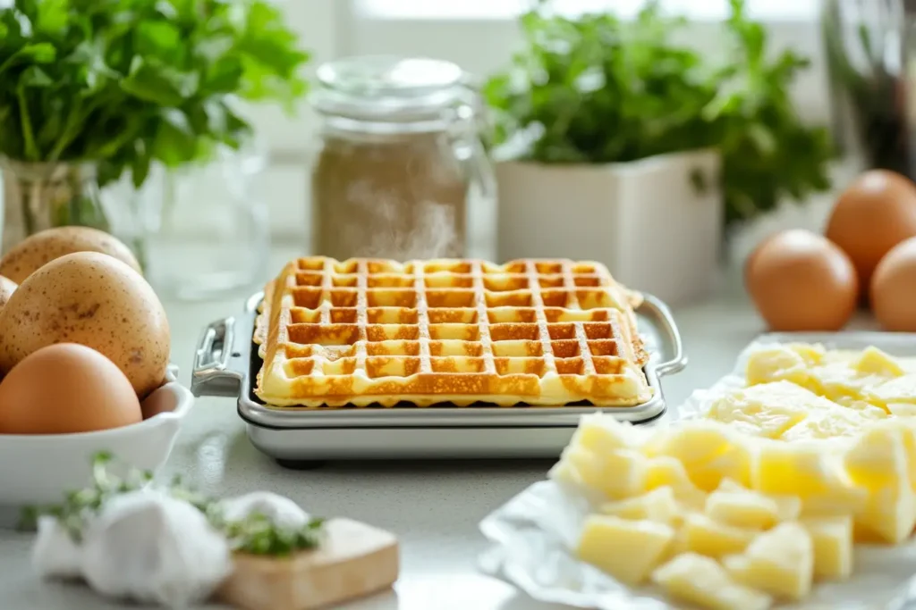 Mini waffle maker cooking a golden brown waffle with fresh ingredients