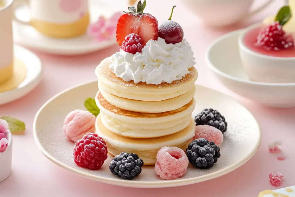 Japanese-style fluffy hotcakes topped with berries and whipped cream.