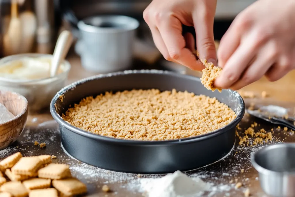 Baker pressing graham cracker crust into a springform pan.