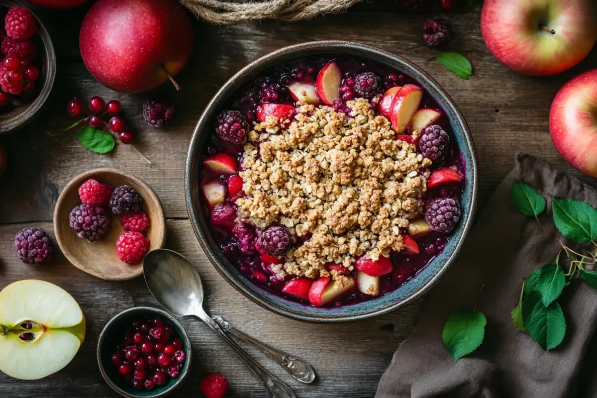 A freshly baked crumble with golden topping and fresh fruits.