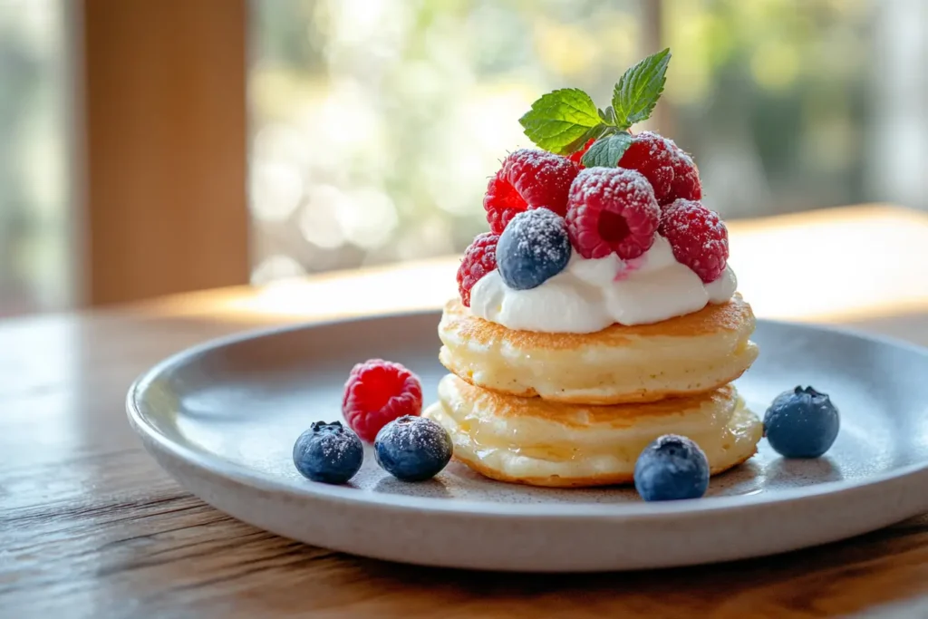 Stack of mini pancakes with berries and syrup