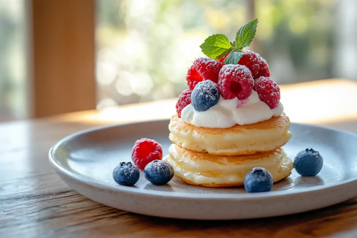 Stack of mini pancakes with berries and syrup