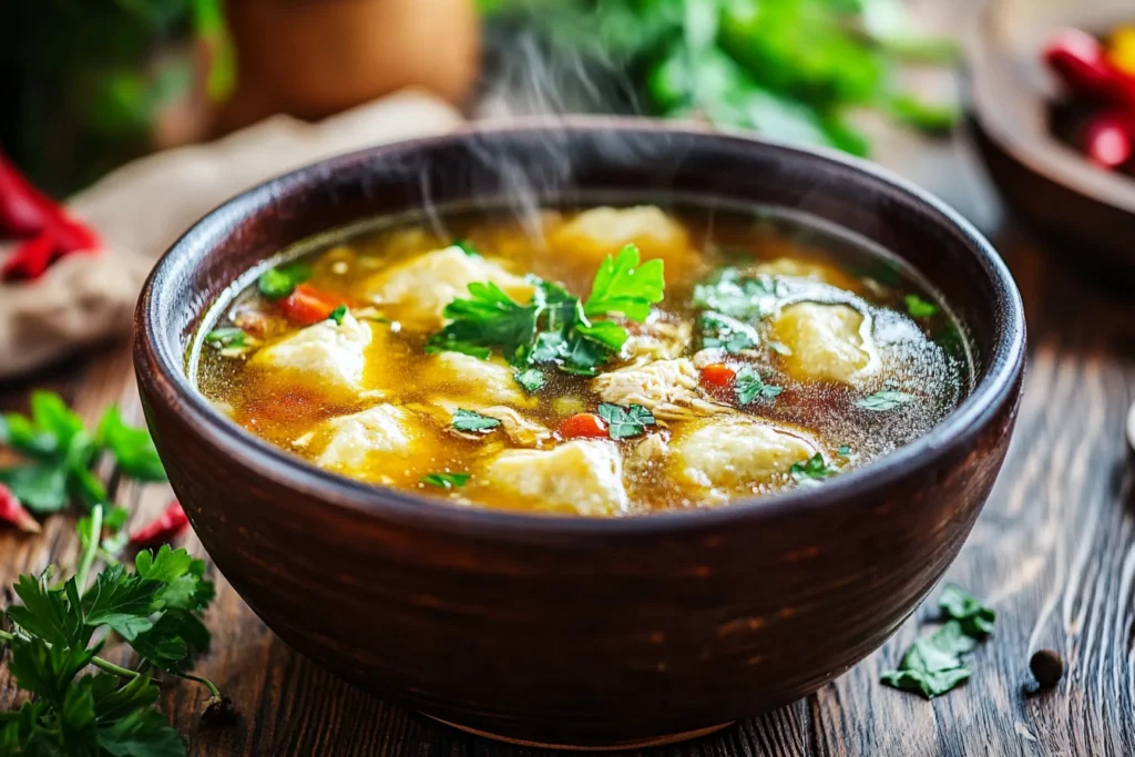 Steaming chicken and Bisquick dumpling soup with fresh herbs.
