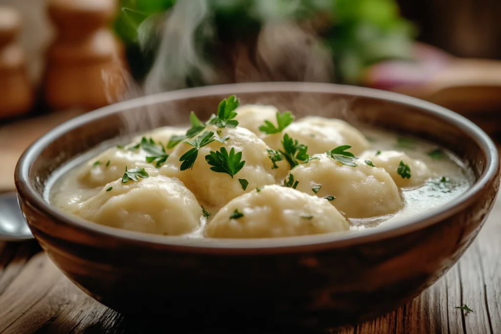 Bowl of chicken and Bisquick dumplings with creamy broth.