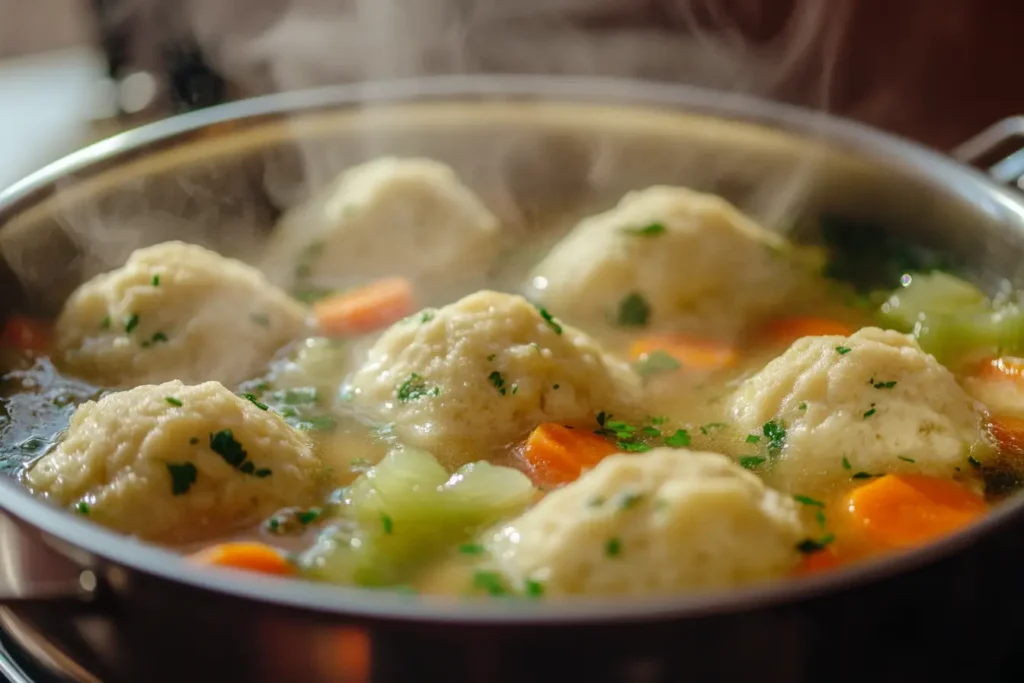 Steaming pot of biscuit dumplings simmering in broth.