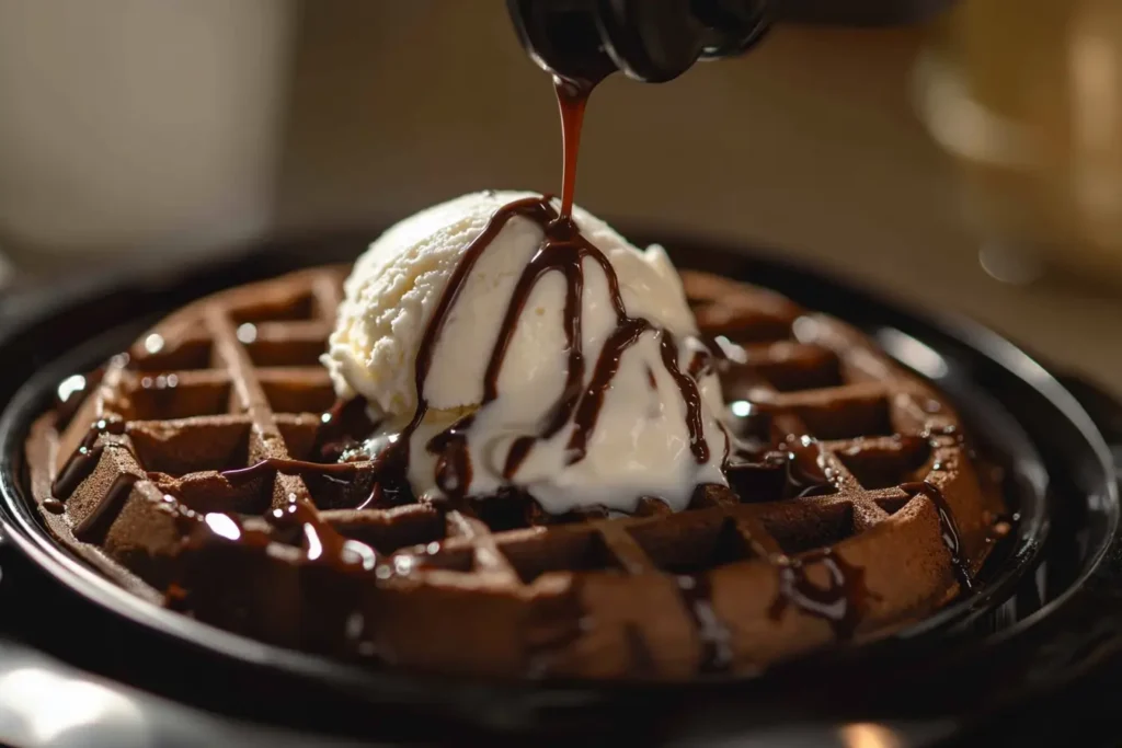 Brownie waffle with ice cream and chocolate drizzle in a mini waffle maker