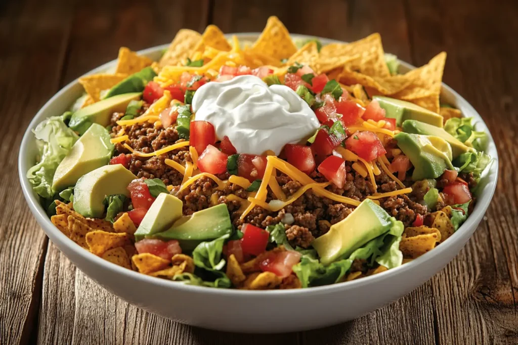 A colorful taco salad with fresh vegetables, beef, and toppings.
