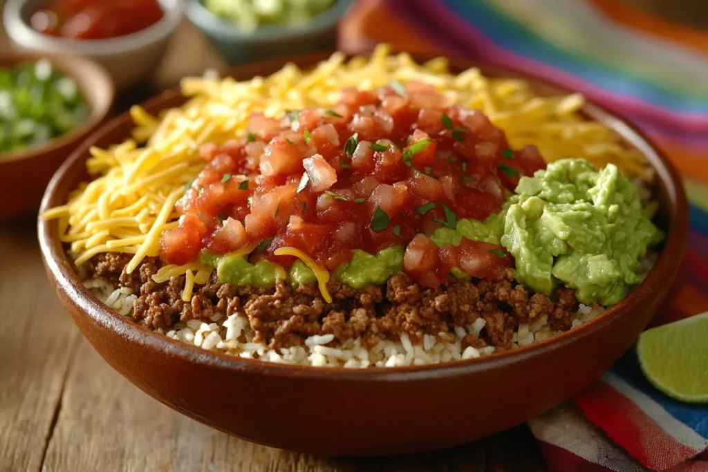 A colorful taco bowl with rice, seasoned beef, salsa, and guacamole on a wooden table.