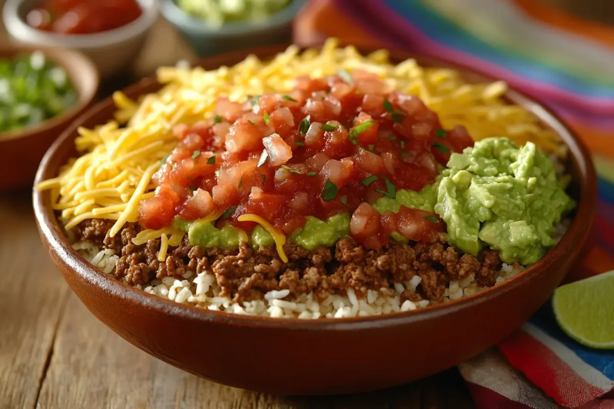 A colorful taco bowl with rice, seasoned beef, salsa, and guacamole on a wooden table.